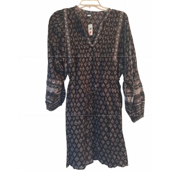 NWT Old Navy Black Patterned Dress Long Sleeves V Neck Elastic at Waist Sz Med - Picture 1 of 7